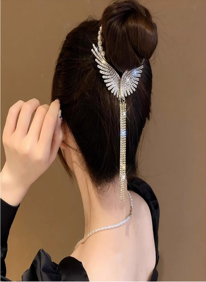 Rannyrena Pearls Tassel Rhinestone Ponytail Claw Clip for Women Crystal Bow Ponytail Bauckle Buns Hair Holder Sparkling Metal Hair Bun Accessories (Gold Angle Wings) - Image 3